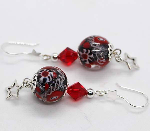 Artisan Glass Christmas Red Murrine Bead Earrings with star hooks