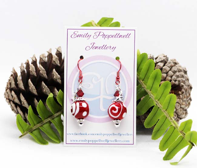 Artisan Glass Christmas Red & White Bead Earrings with Red Enamel Hooks & Star Drops