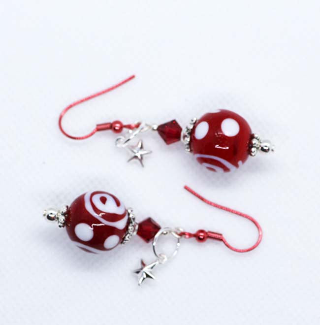 Artisan Glass Christmas Red & White Bead Earrings with Red Enamel Hooks & Star Drops