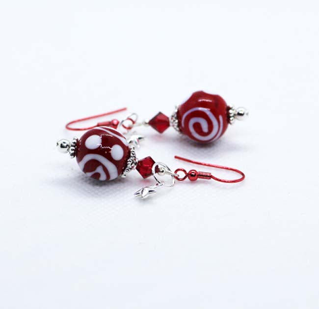 Artisan Glass Christmas Red & White Bead Earrings with Red Enamel Hooks & Star Drops