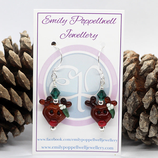 Artisan Glass Christmas Reindeer Earrings with Silver Plated Hooks & Green Crystal Beads (flower on same side on each bead)\