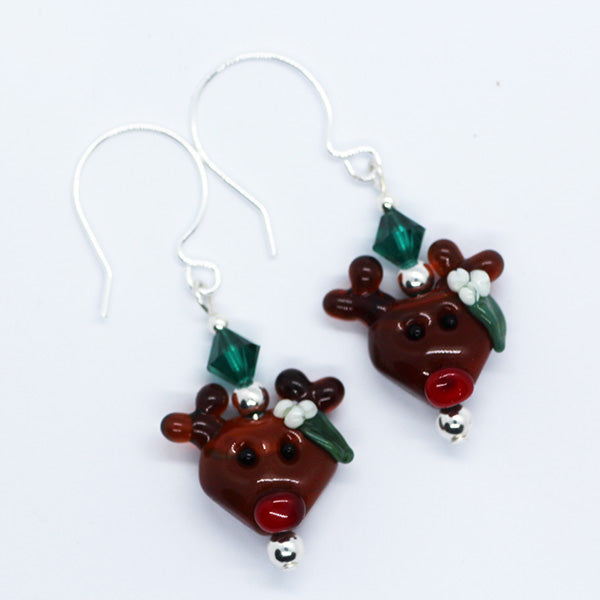 Artisan Glass Christmas Reindeer Earrings with Silver Plated Hooks & Green Crystal Beads (flower on same side on each bead)\