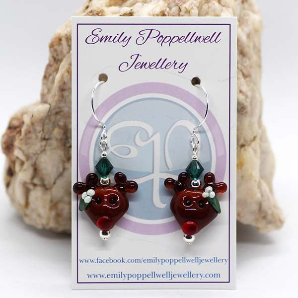 Artisan Glass Christmas Reindeer Earrings with Silver Plated Hooks & Green Crystal Beads (flowers on opposite side of face)