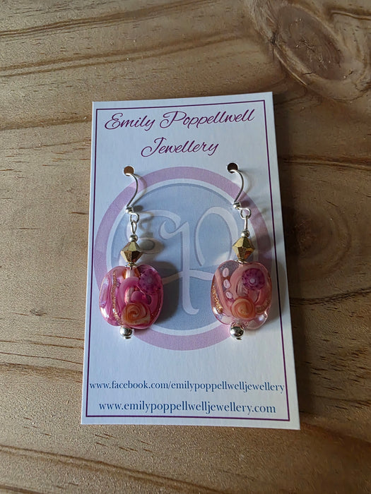 Artisan Glass Pink/Gold Squoval Shaped Earrings with Murrine
