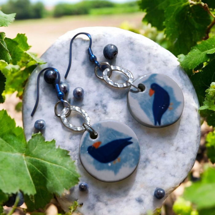 Handmade Blue Bird Enamel Earrings with Silver Plated Hammered Oval and Blue Enamel Coated Hooks