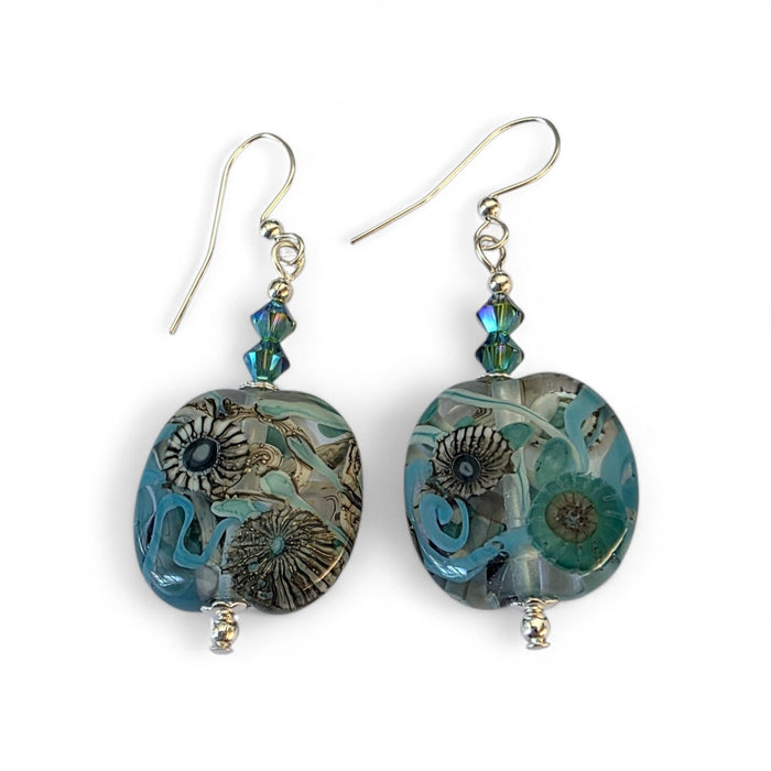 Artisan Glass Blue Squoval Shaped Earrings with Murrine