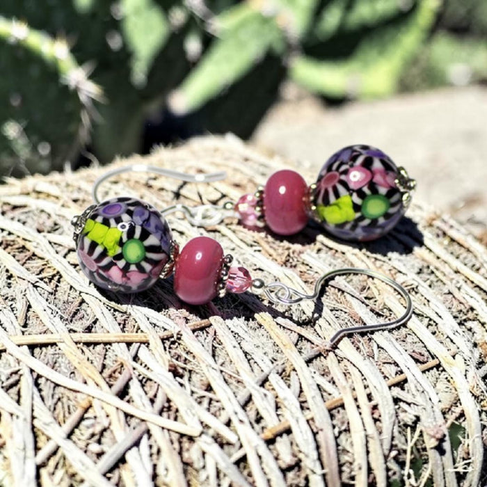 Pink & Green Artisan Glass Earrings with embedded Murrine