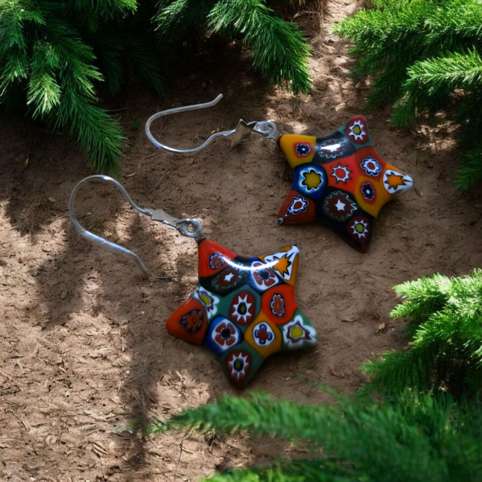 Handmade Murano Glass Murrini Star Earrings with Star French Hooks Red/Yellow Accent