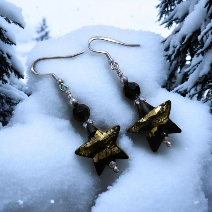 Handmade Black/Gold Murano Glass Star Earrings with Silver Plated Hooks with Bonus SS Star cuff