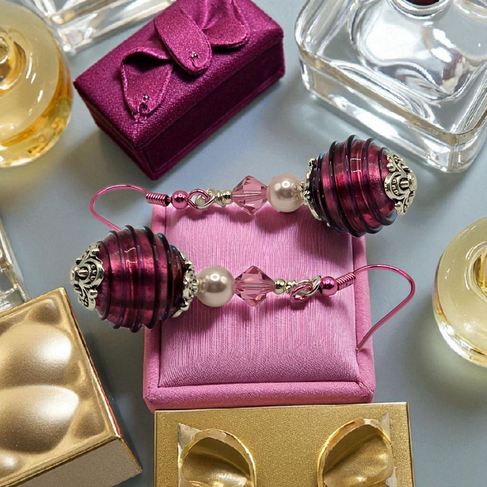 Maroon Ribbed Murano Glass Earrings with pink enamel hooks