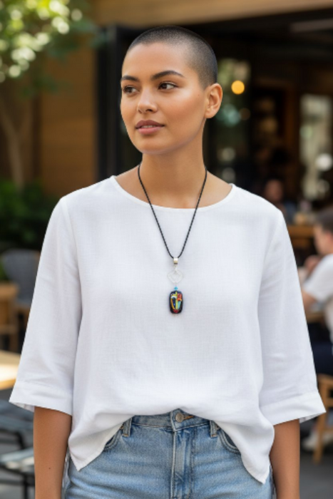 'Funky Face' Artisan Glass pendant with Swarovski clear open offset square crystal piece with blue crystal bead on satin cord
