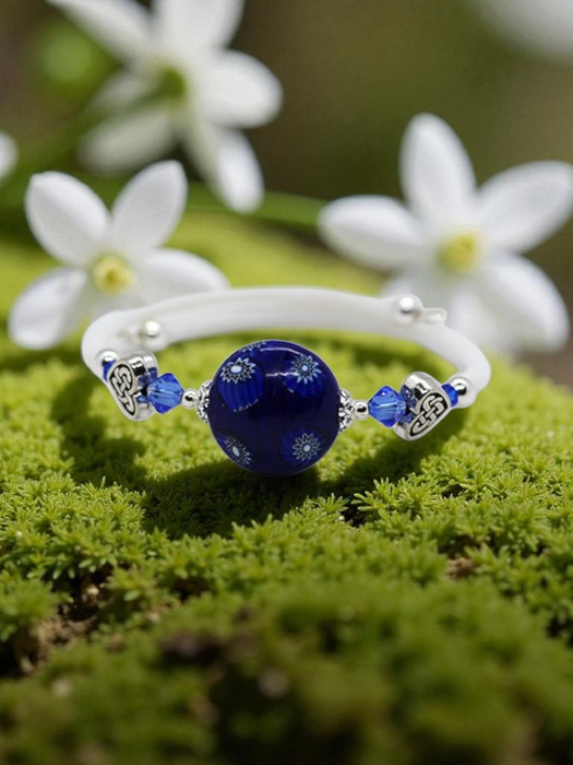 Blue & White toned Murano Glass Memory Wire Bracelet (Slim Wrist)
