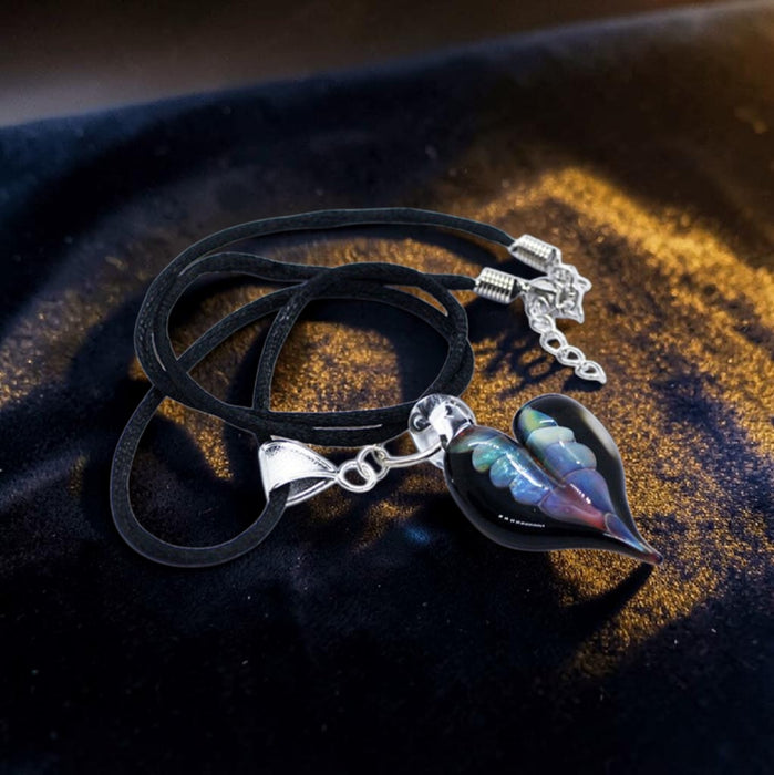 Black with multi colours Artisan Heart offset pendant on black satin cord