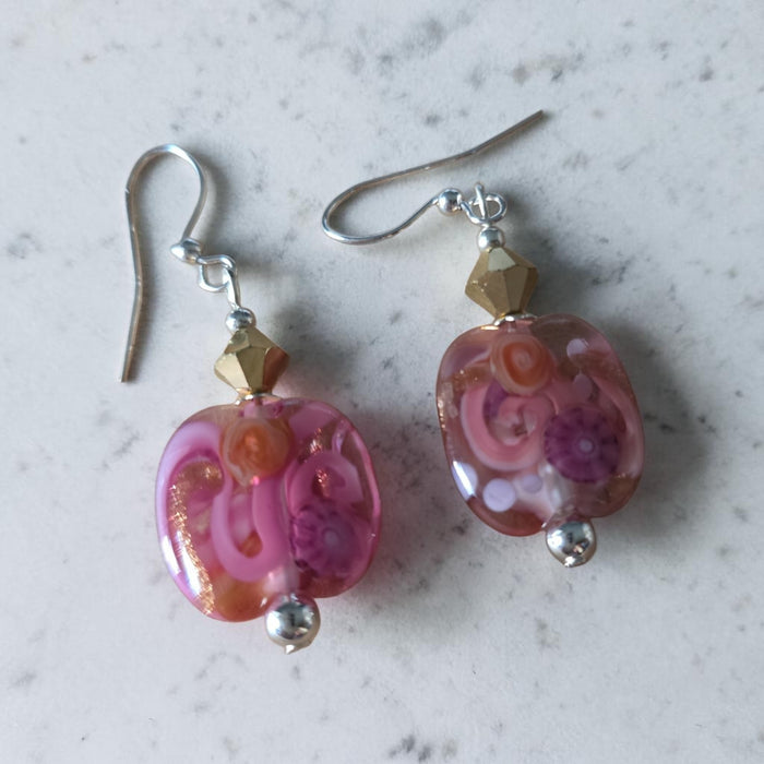 Artisan Glass Pink/Gold Squoval Shaped Earrings with Murrine