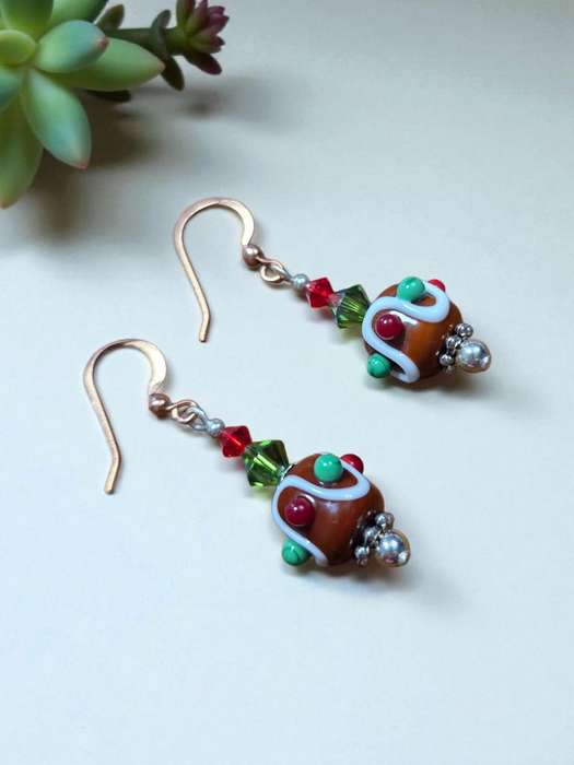 Artisan Glass Brown, Red, Green & White Christmas Pudding Bead Earrings with Electroplated copper Hooks