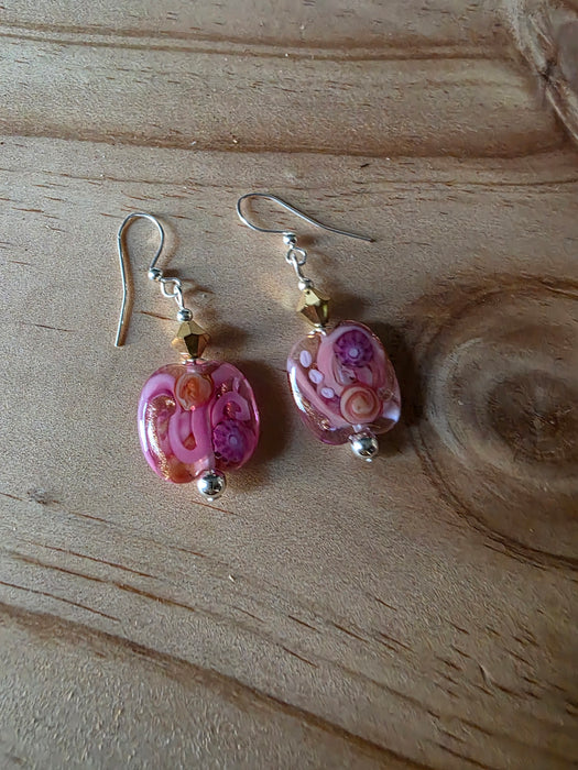Artisan Glass Pink/Gold Squoval Shaped Earrings with Murrine