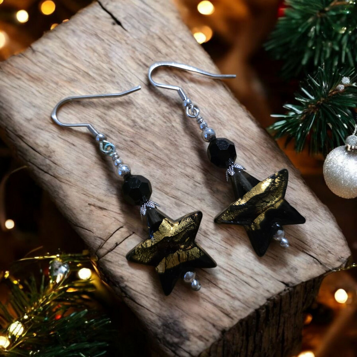 Handmade Black/Gold Murano Glass Star Earrings with Silver Plated Hooks with Bonus SS Star cuff