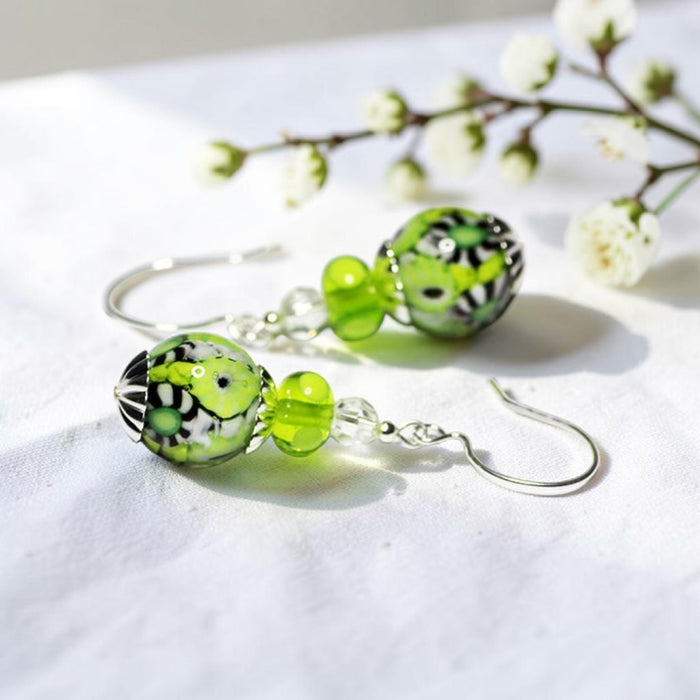 Lime Green Artisan Glass Earrings with embedded Murrine