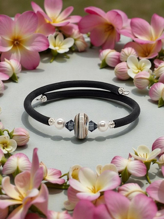 Yellow, blue & pearl Artisan Glass Memory Wire Bracelet