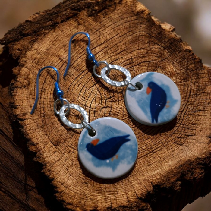 Handmade Blue Bird Enamel Earrings with Silver Plated Hammered Oval and Blue Enamel Coated Hooks