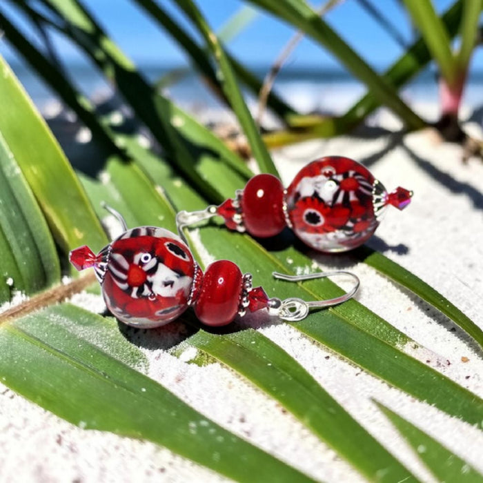 Red Artisan Glass Earrings with embedded Murrine