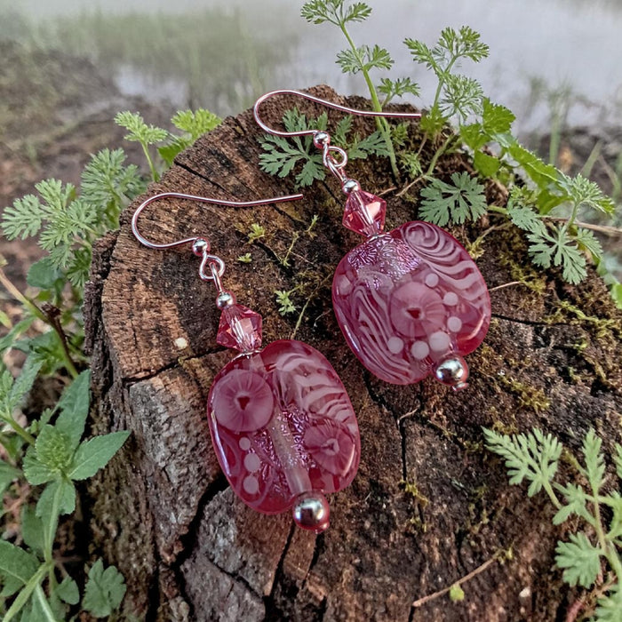 Artisan Glass Pink Squoval Shaped Earrings with Murrine