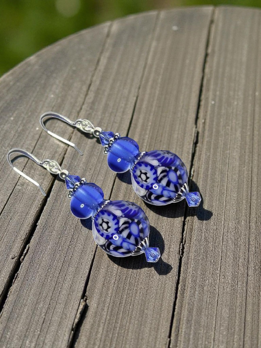 Royal Blue Artisan Glass Earrings with embedded Murrine
