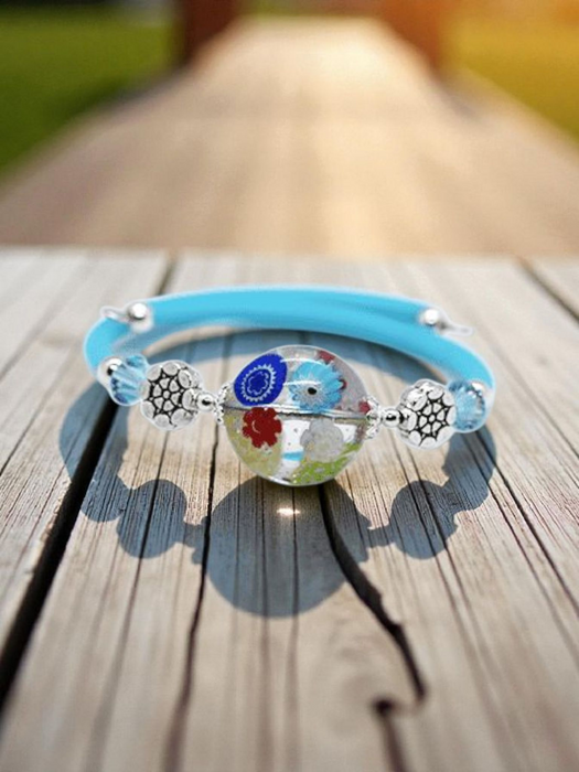 Murano Glass Clear Multi Colour and Sky Blue Memory Wire Bracelet (Slim Wrist)