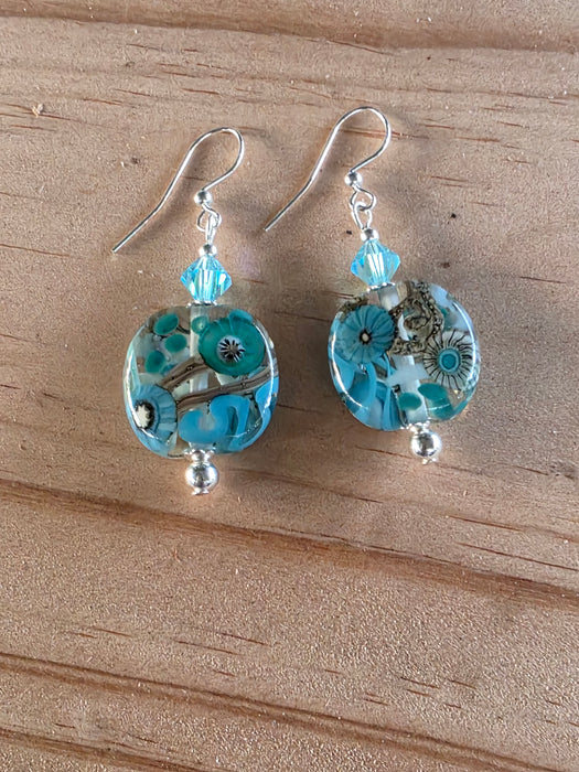 Artisan Glass Blue Squoval Shaped Earrings with Murrine