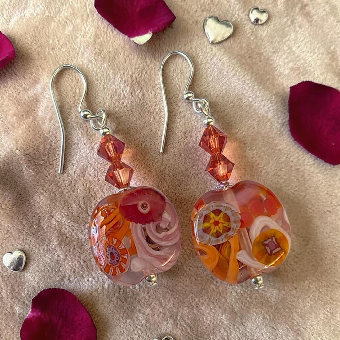 Artisan Glass Pink/Orange Squoval Shaped Earrings with Murrine