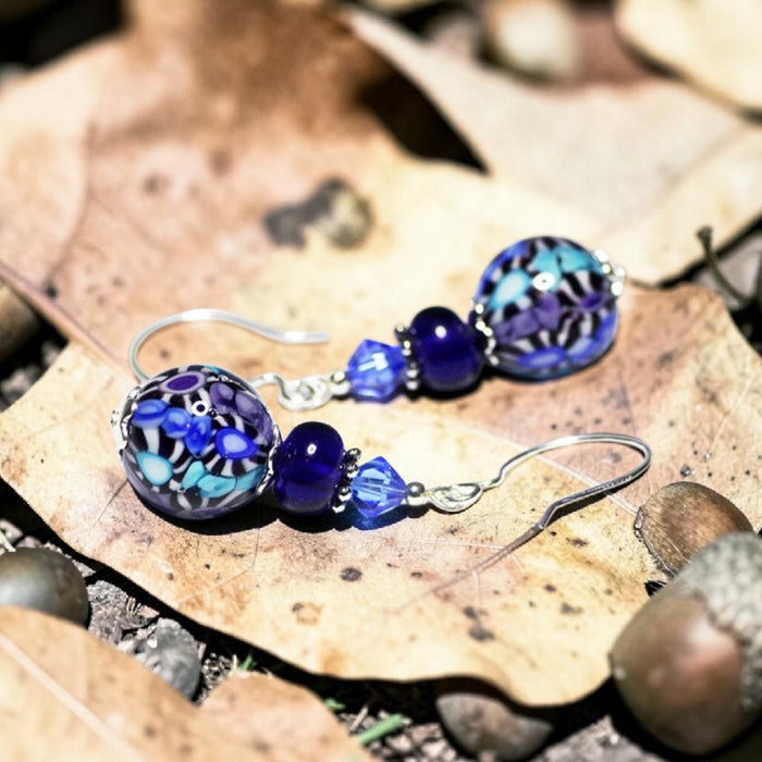 Royal blue & Sky Blue Artisan Glass Earrings with embedded Murrine