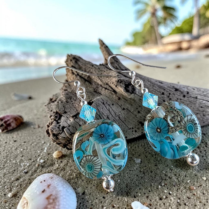 Artisan Glass Blue Squoval Shaped Earrings with Murrine