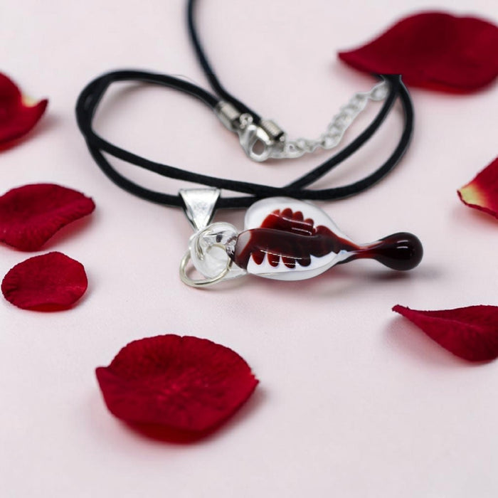Deep Red & White Artisan Heart offset pendant on black satin cord