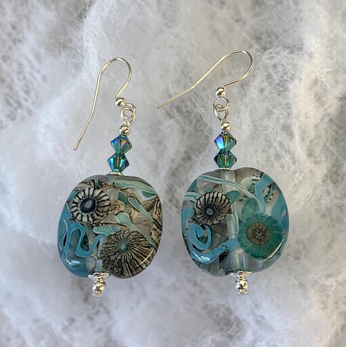 Artisan Glass Blue Squoval Shaped Earrings with Murrine