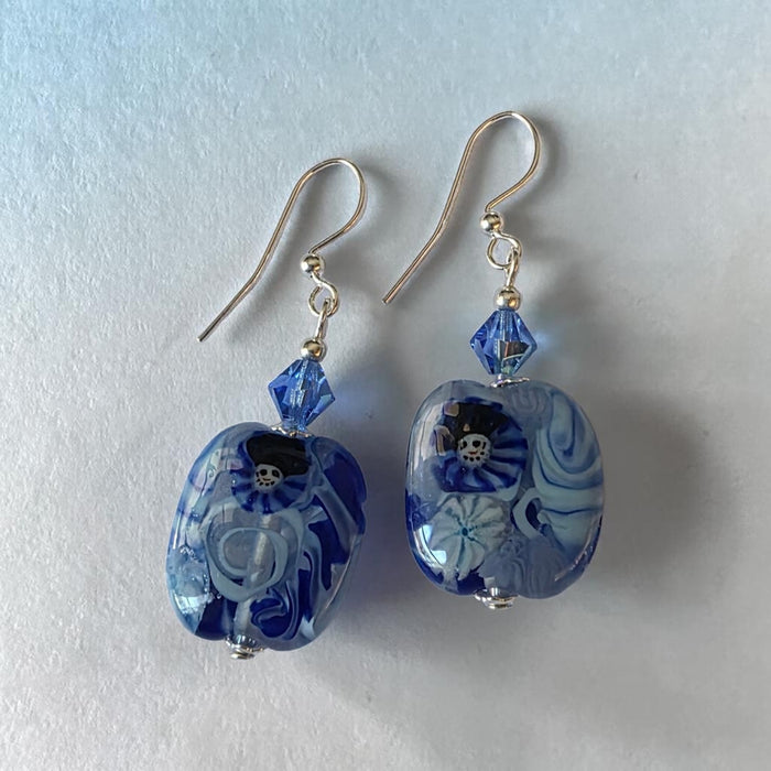 Artisan Glass Royal Blue Squoval Shaped Earrings with Murrine