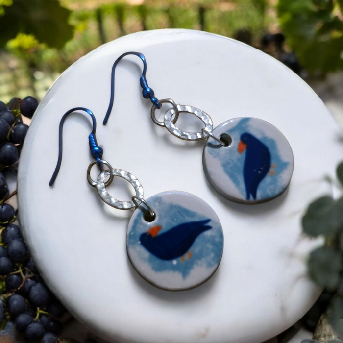 Handmade Blue Bird Enamel Earrings with Silver Plated Hammered Oval and Blue Enamel Coated Hooks