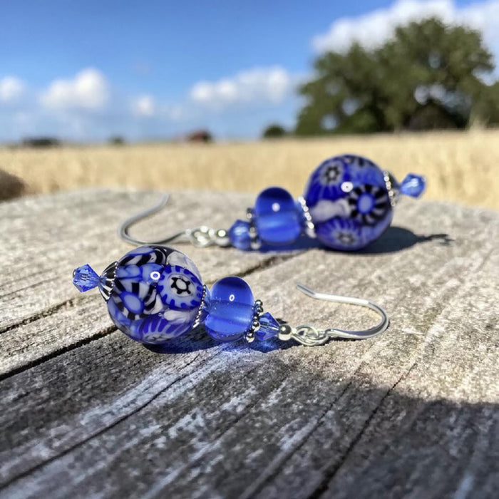 Royal blue Artisan Glass Earrings with embedded Murrine