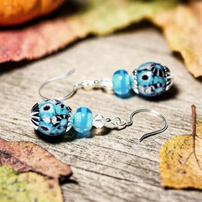 Sky Blue Artisan Glass Earrings with embedded Murrine