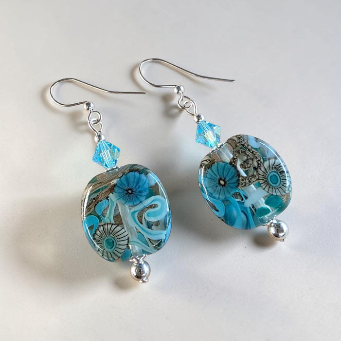 Artisan Glass Blue Squoval Shaped Earrings with Murrine