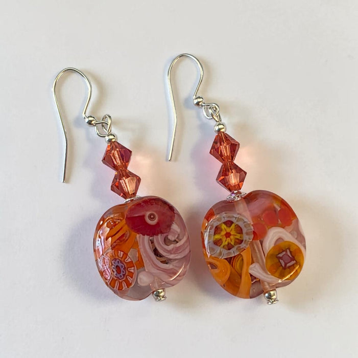 Artisan Glass Pink/Orange Squoval Shaped Earrings with Murrine