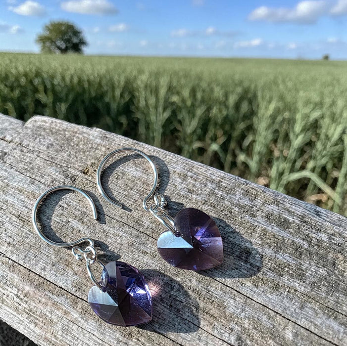 Purple Crystal Heart Earrings