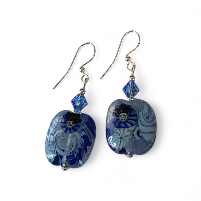 Artisan Glass Royal Blue Squoval Shaped Earrings with Murrine