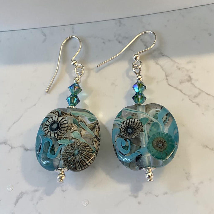 Artisan Glass Blue Squoval Shaped Earrings with Murrine