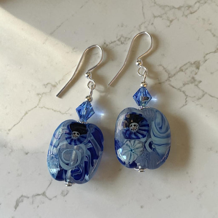 Artisan Glass Royal Blue Squoval Shaped Earrings with Murrine