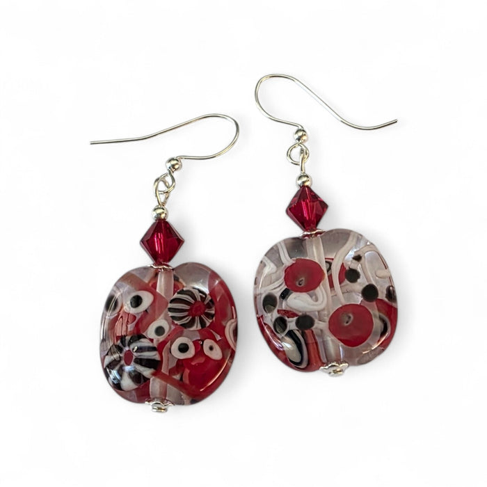 Artisan Glass Red Squoval Shaped Earrings with Murrine