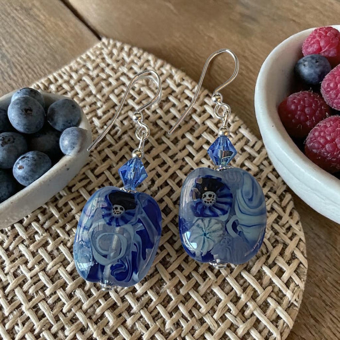Artisan Glass Royal Blue Squoval Shaped Earrings with Murrine