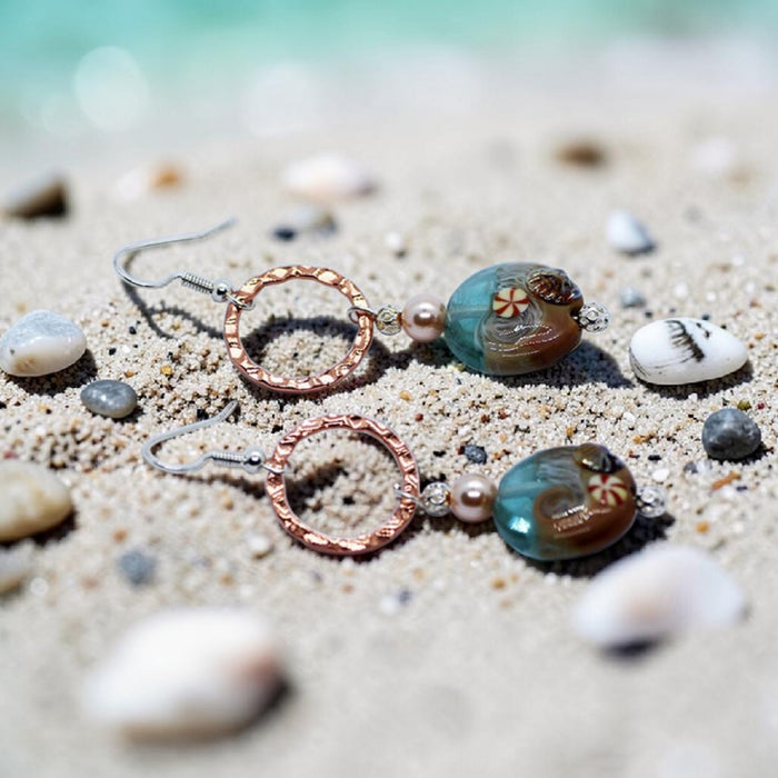 Sea & Sand Artisan Glass earrings with beaten copper open circles