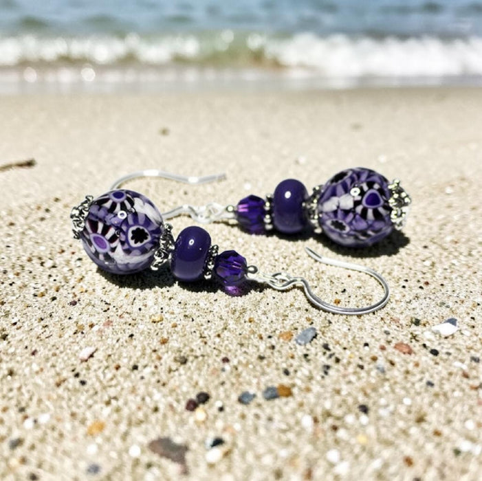Deep Purple Artisan Glass Earrings with embedded Murrine