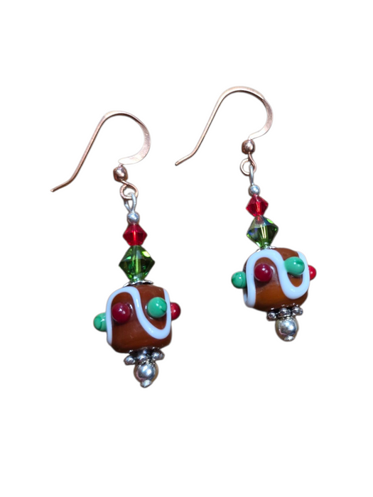 Artisan Glass Brown, Red, Green & White Christmas Pudding Bead Earrings with Electroplated copper Hooks
