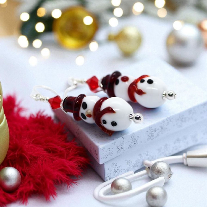 Handmade Christmas Murano Glass white & black lamp work Snowman bead earrings with red crystal beads